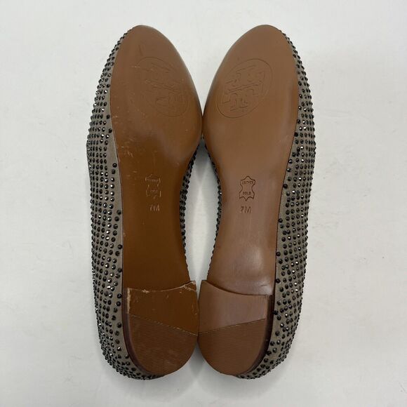 Tory Burch 7M Chandra Sparkle Smoking Slipper Loafer Crystal Studs Bow Taupe - Picture 8 of 8